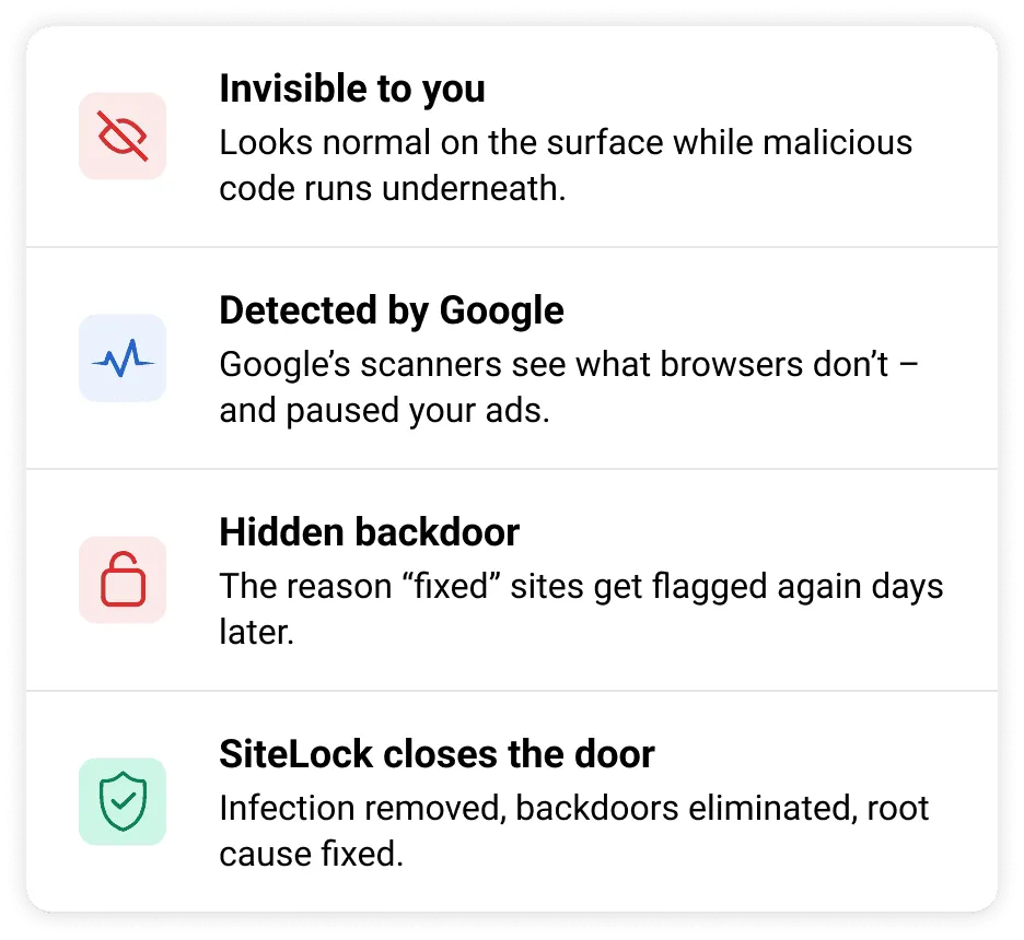 Google Pilot Why (en) Four steps explaining how malware hides, gets detected by Google, and how SiteLock fixes it.