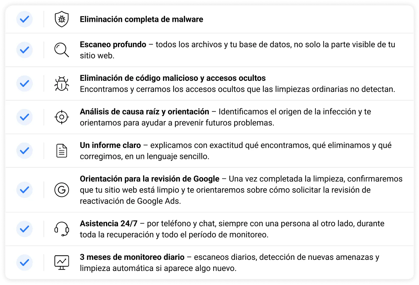 Lista de ocho características del servicio de eliminación de malware.