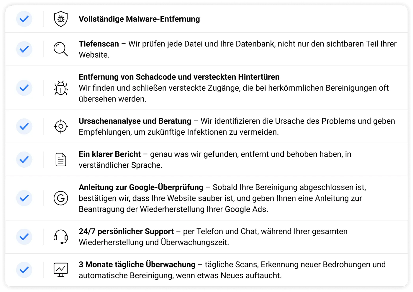 Liste von acht Merkmalen des Malware-Entfernungsdienstes.