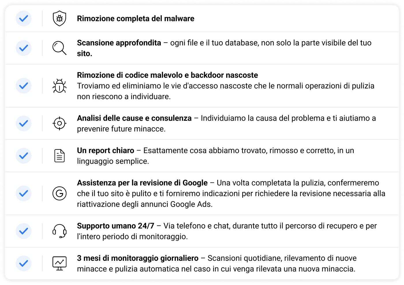 Elenco di otto caratteristiche del servizio di rimozione malware.