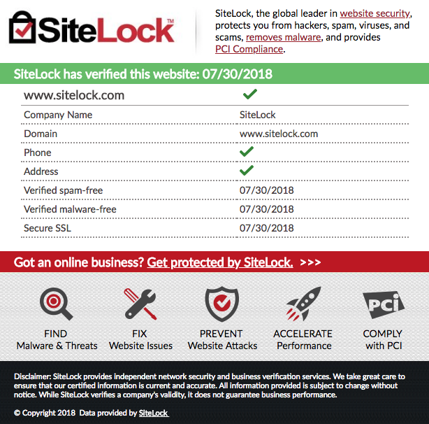 SiteLock website information from a verified trust seal.