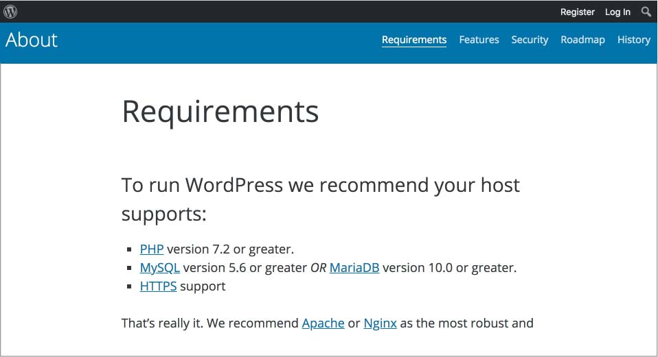 WordPress technical requirements on wordpress.org